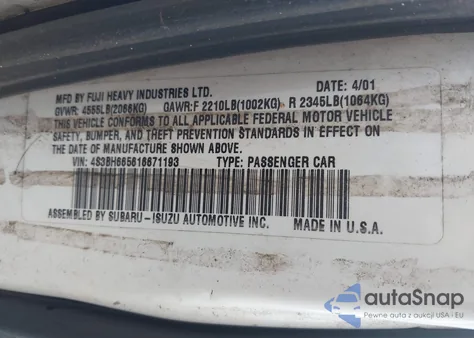 2001 Subaru Outback z USA, uszkodzony, nr VIN 4S3BH665616671193